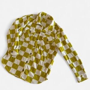 Green and White Checkered Button-Up Shirt